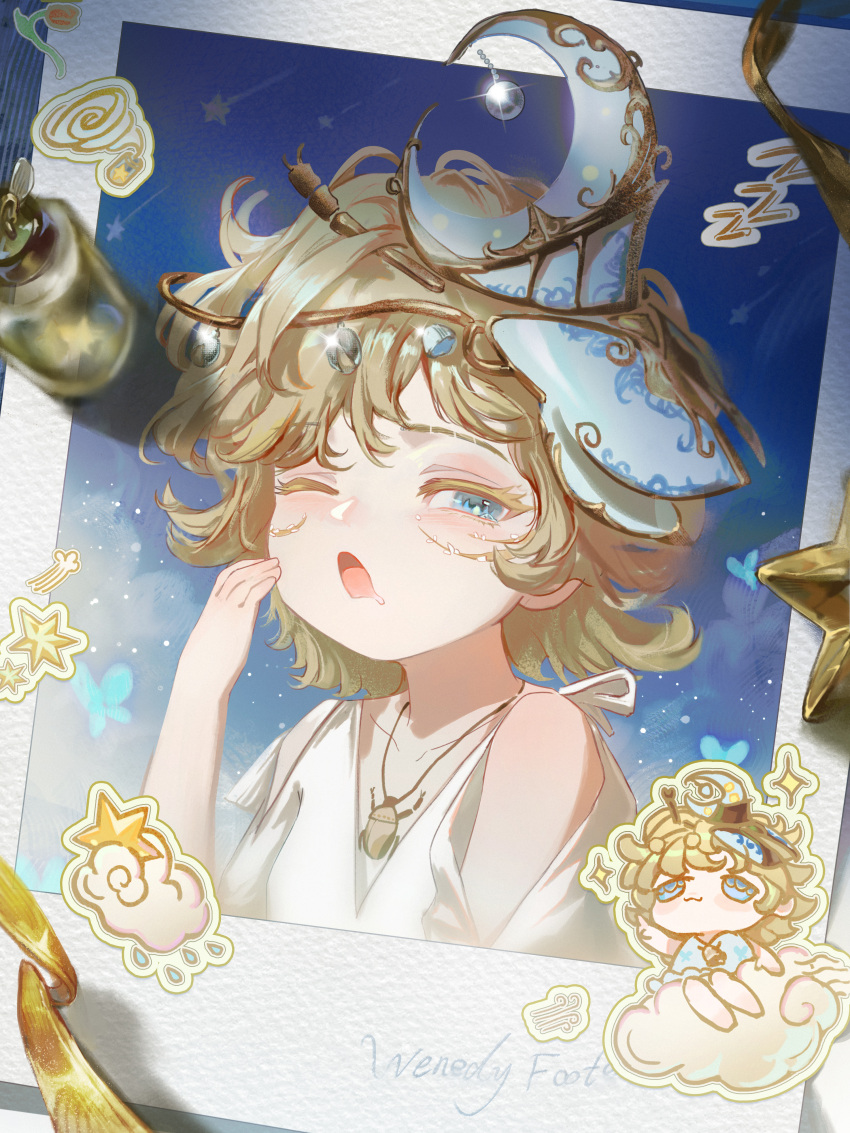 1girl, ;o, absurdres, blonde_hair, blue_background, blue_butterfly, blue_eyes, bottle