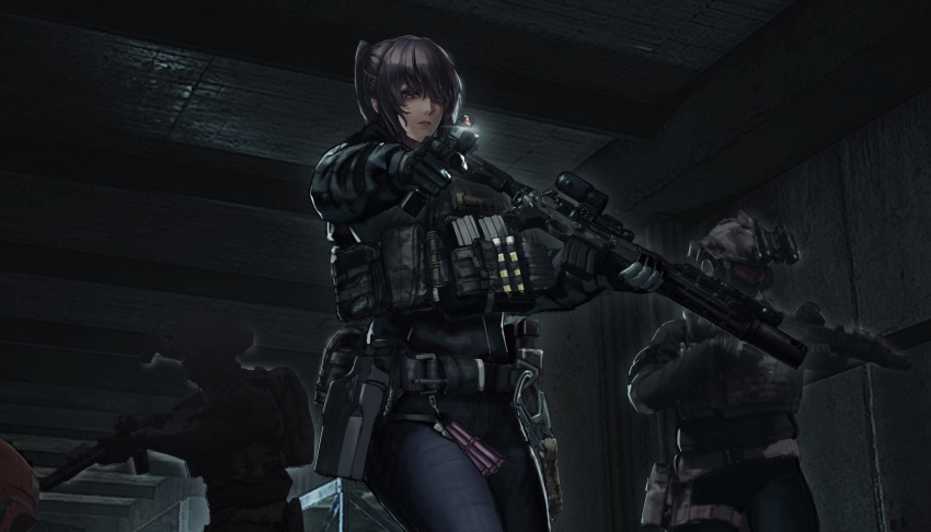 1girl, 2others, aiming, aiming_at_viewer, assault_rifle, balaclava, brown_hair, combat_helmet