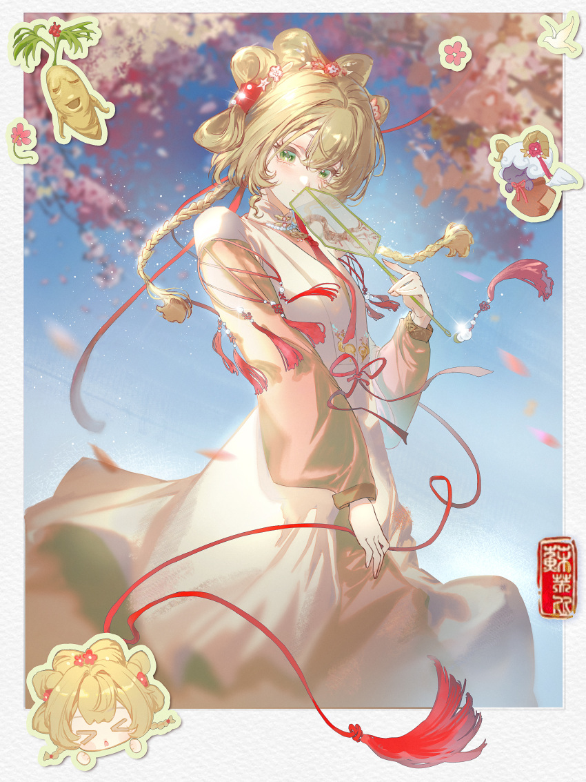 1girl, absurdres, blonde_hair, blue_sky, blurry, blurry_background, border, braid