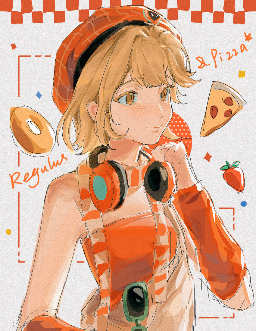 1girl, bare_shoulders, beret, brown_hair, doughnut, eyewear_hang, food, grey_background