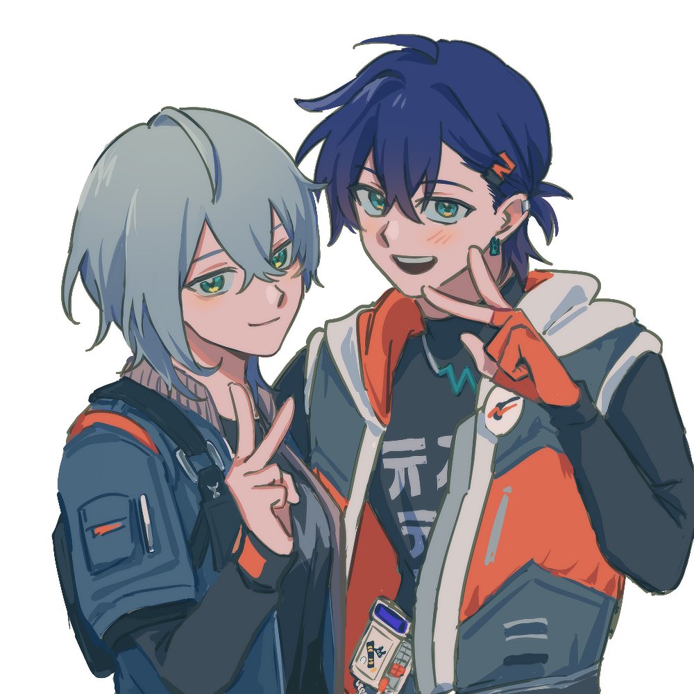 1boy, 1girl, belle_(zenless_zone_zero), black_sweater, blue_eyes, blue_hair, blush, breasts, brother_and_sister, commentary, dearahyeon, earrings, fingerless_gloves, genderswap, genderswap_(ftm), genderswap_(mtf), gloves, green_eyes, grey_hair, hair_between_eyes, hair_ornament, jewelry, long_sleeves, looking_at_viewer, necklace, open_mouth, siblings, simple_background, sweater, symbol-only_commentary, upper_body, v, white_background, wise_(zenless_zone_zero), zenless_zone_zero