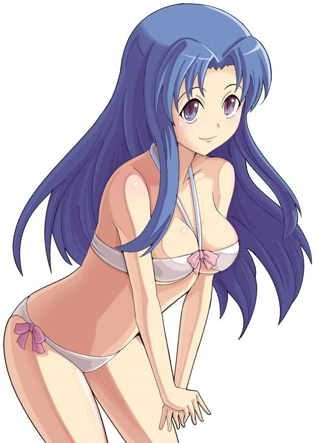 between_breasts, bikini, blue_eyes, blue_hair, bow, breasts, cleavage, halter_top