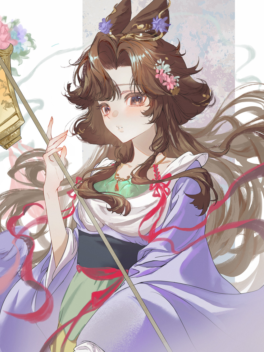 1girl, absurdres, black_eyes, brown_hair, floating_hair, flower, grey_background, hair_bun