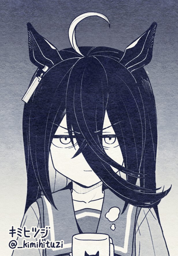 1girl, ahoge, animal_ears, artist_name, black_background, black_hair, coffee_mug, cup