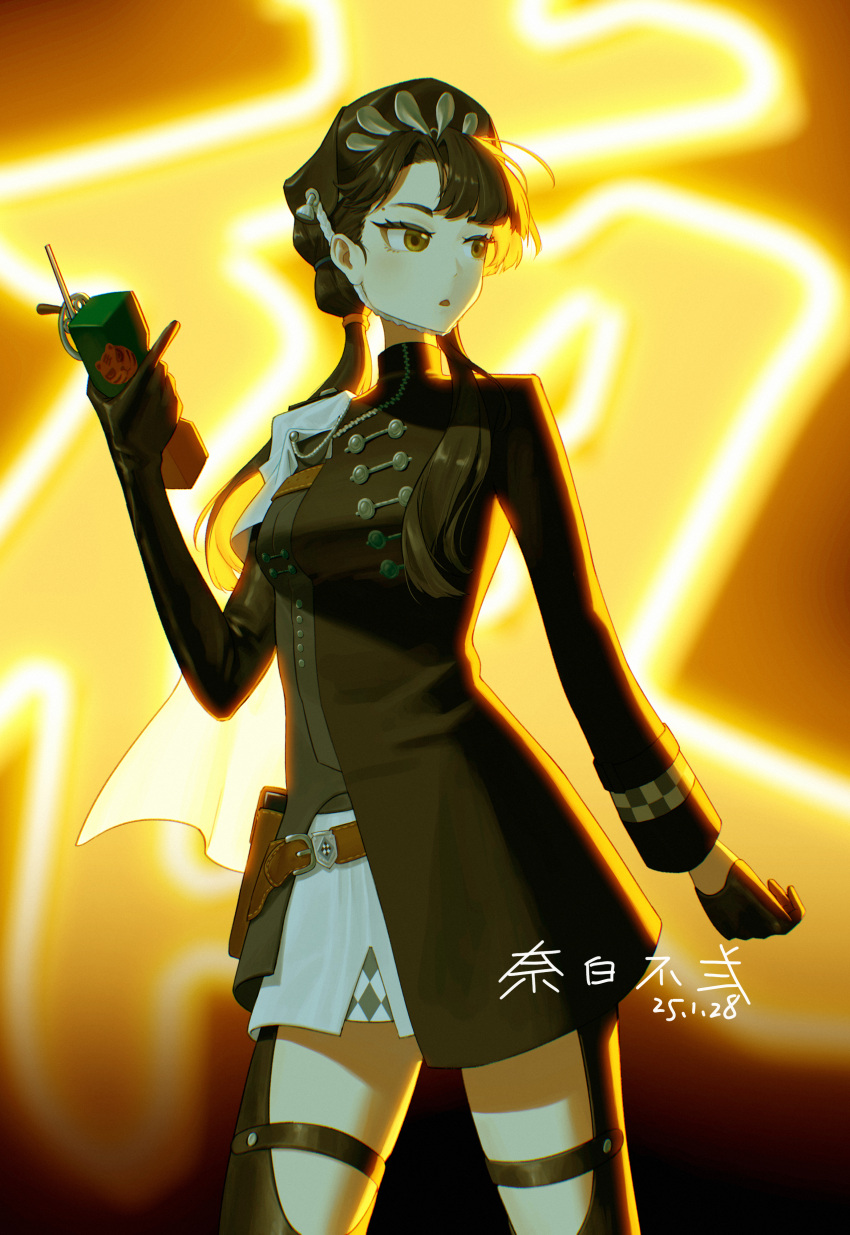 1girl, :o, absurdres, artist_name, asymmetrical_gloves, backlighting, beret, black_background, black_dress, black_footwear, black_gloves, black_hair, black_hat, blurry, blurry_background, boots, buernia, capelet, cellphone, chin_strap, cowboy_shot, dated, dress, elbow_gloves, gloves, hand_up, hat, highres, holding, holding_phone, holster, legs_apart, liang_yue_(reverse:1999), long_hair, long_sleeves, looking_to_the_side, low_twintails, mole, mole_above_eye, neon_lights, parted_bangs, phone, police, police_uniform, policewoman, reverse:1999, short_dress, side_cape, sign, signature, single_elbow_glove, single_sleeve, solo, thigh_boots, turning_head, twintails, uneven_gloves, white_capelet, yellow_eyes