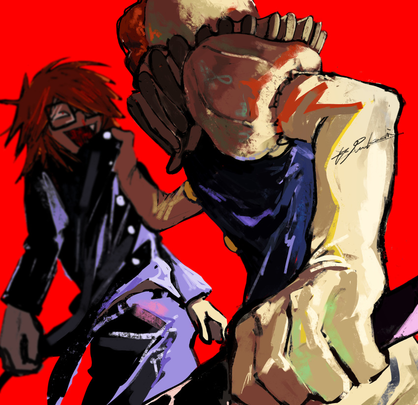 2boys, clothes_grab, clown, collar_grab, cowboy_shot, eihrdgyybnq6aiw, glasses, highres