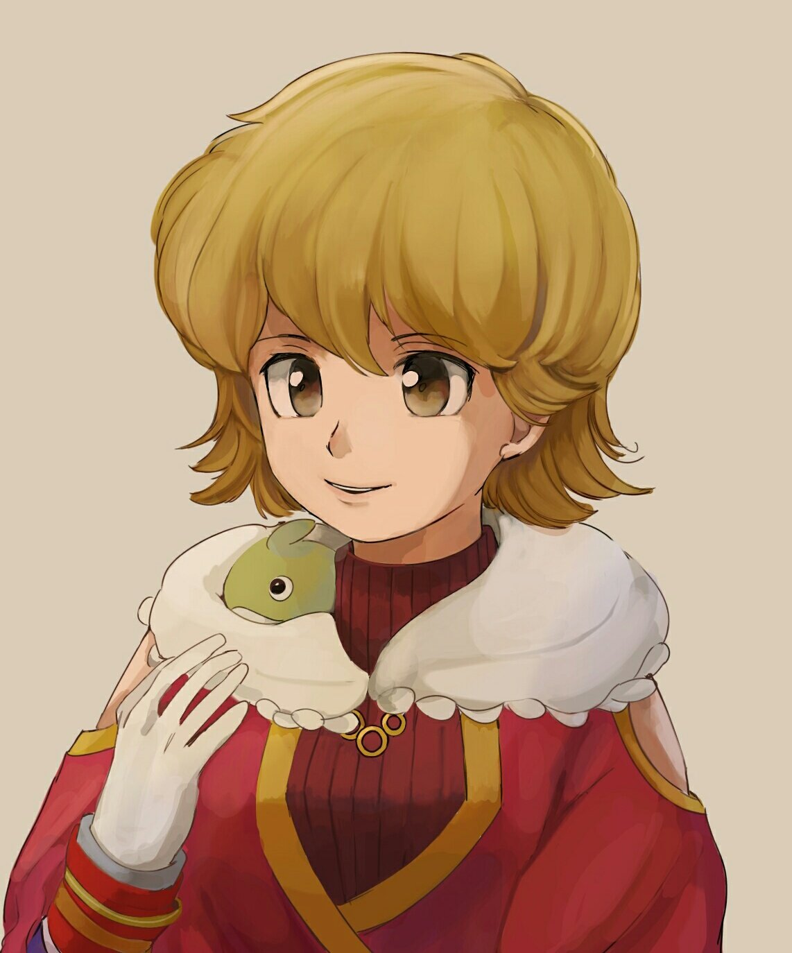 1girl, baten_kaitos, blonde_hair, bojue_(hakus_1128), brown_eyes, creature, gloves, greythorne