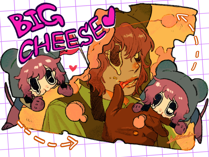 1boy, animal_hat, brown_gloves, brown_hair, cheese, chibi, commentary_request, eihrdgyybnq6aiw