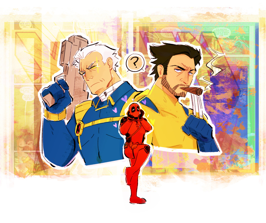 3boys, ?, cable_(marvel), cigar, claws, comic_background, copyright_name, deadpool