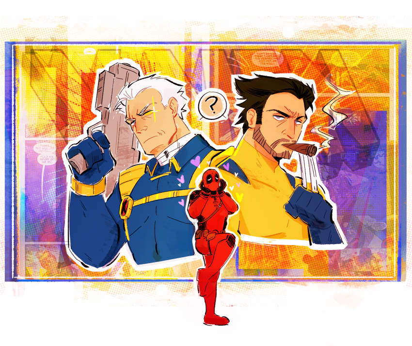3boys, ?, cable_(marvel), cigar, claws, comic_background, copyright_name, deadpool