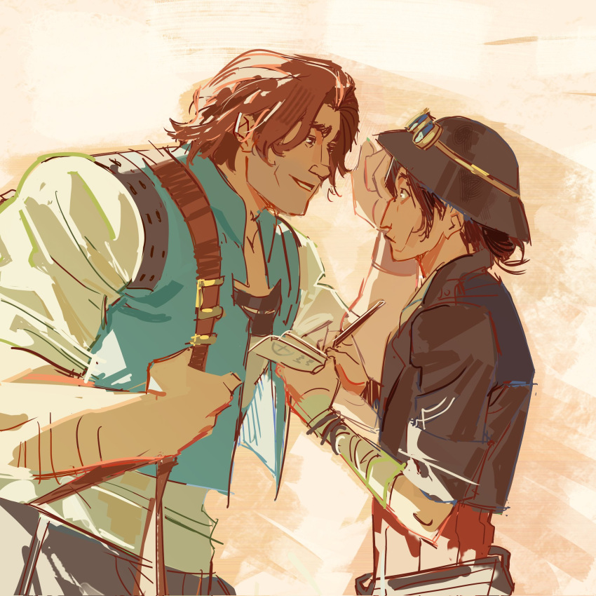 2boys, arcane:_league_of_legends, bag, black_hair, black_jacket, black_pants, blue_vest, brown_hair