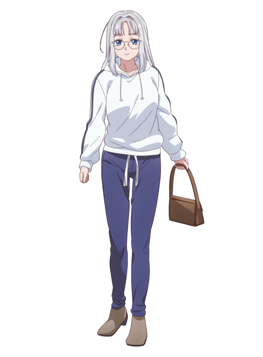 1girl, bag, blue_eyes, blue_pants, brown_bag, brown_footwear, clenched_hand, collarbone