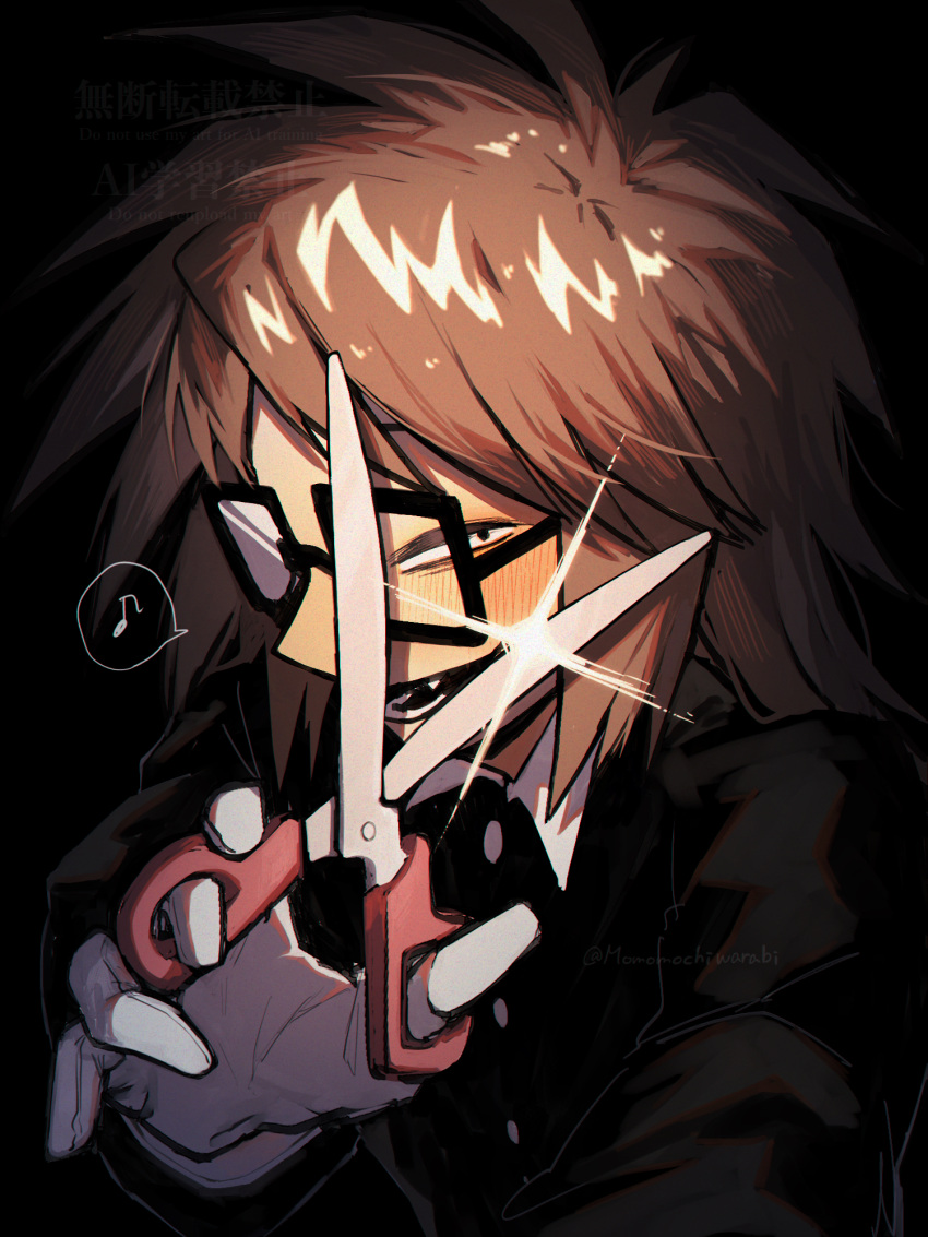 1boy, black_background, black_eyes, brown_hair, fang, glint, gloves, highres