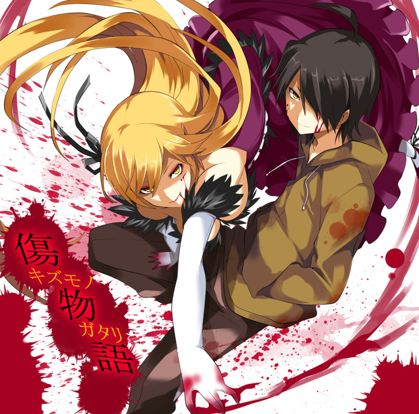 1boy, 1girl, araragi_koyomi, bakemonogatari, black_hair, blonde_hair, character_request, dress