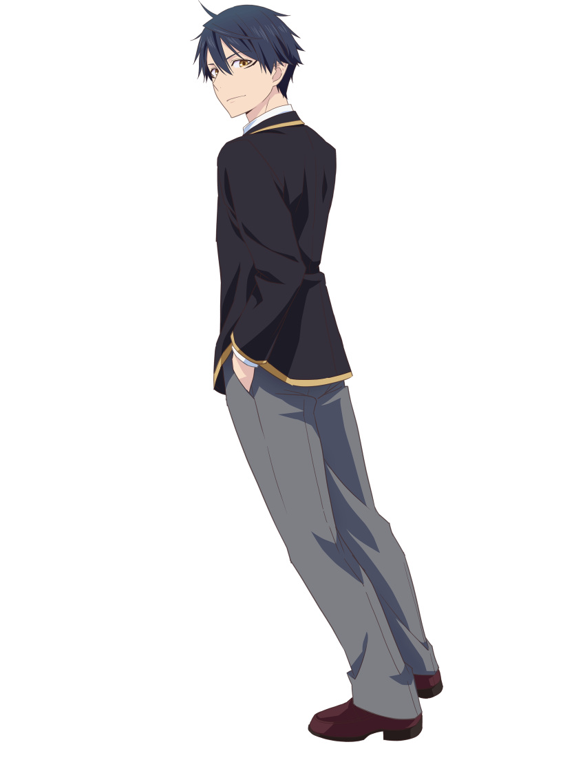 1boy, absurdres, akutsu_masatora, black_hair, black_jacket, brown_footwear, closed_mouth, collared_shirt, double-parted_bangs, gold_trim, grey_pants, hair_between_eyes, hand_in_pocket, highres, jacket, layered_sleeves, loafers, long_sleeves, looking_at_viewer, looking_back, male_focus, official_art, oroka_na_tenshi_wa_akuma_to_odoru, pants, school_uniform, shirt, shoes, short_hair, solo, standing, transparent_background, very_short_hair, white_shirt, yellow_eyes