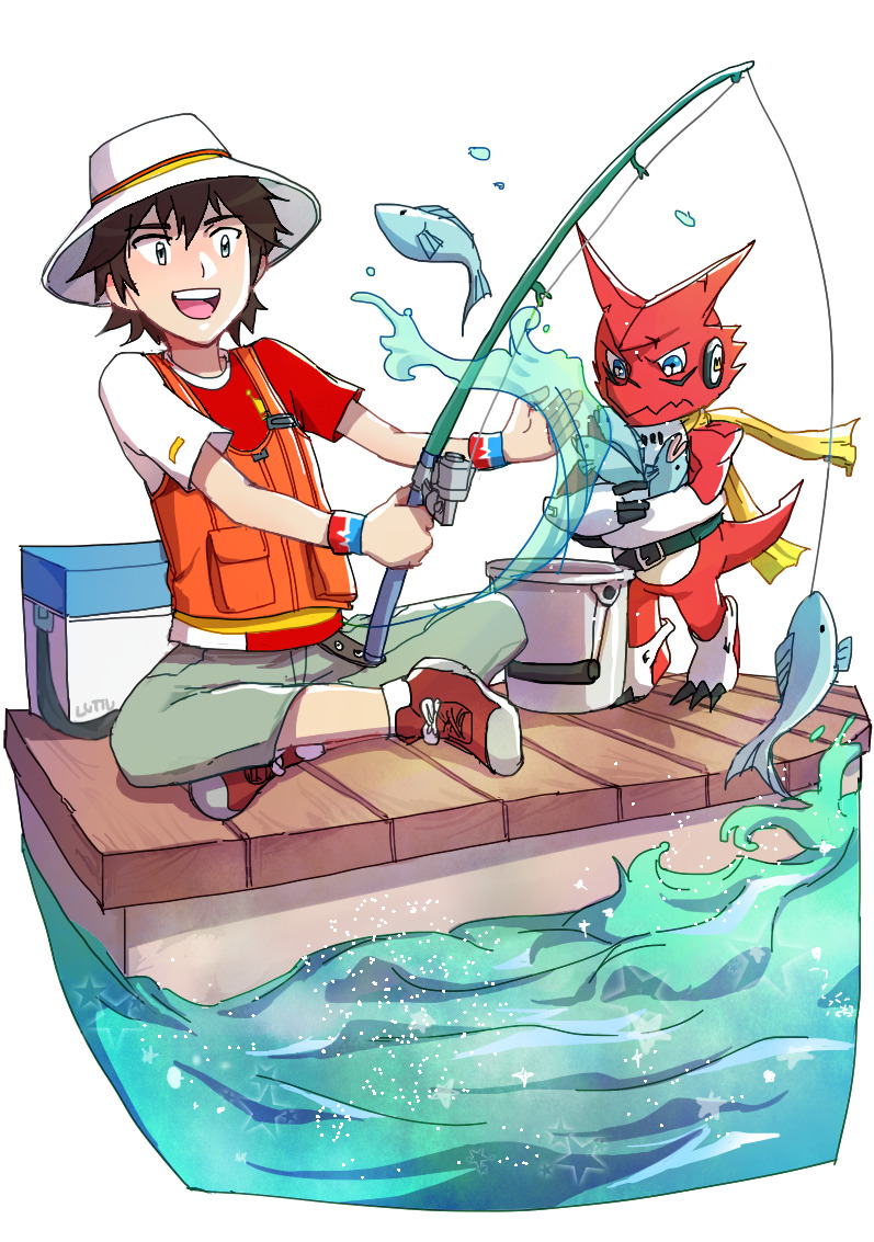 1boy, brown_hair, bucket, digimon, digimon_(creature), digimon_xros_wars, digimon_xros_wars:_toki_wo_kakeru_shounen_hunter-tachi, fish, fishing, fishing_rod, grey_pants, hat, holding, holding_fishing_rod, kudou_taiki, luttu-blog, open_mouth, orange_vest, pants, red_shirt, shirt, shoes, short_hair, short_sleeves, shoutmon_king_ver., simple_background, sitting, sneakers, teeth, two-tone_shirt, upper_teeth_only, vest, water, white_background, white_hat, white_shirt