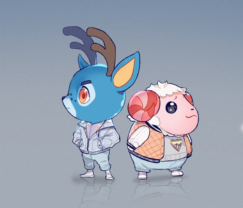 2boys, :3, alternate_costume, animal_crossing, antlers, balmain_(brand), bam_(animal_crossing), blue_background