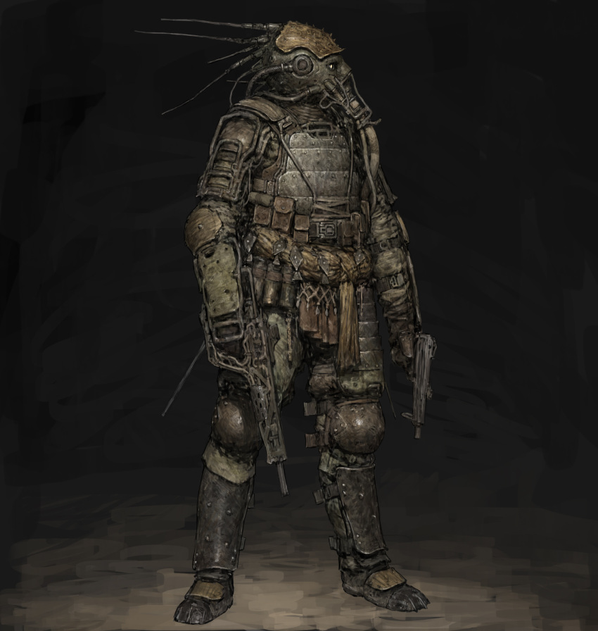 1boy, antenna_hair, ariel_perez, armor, black_background, bullpup, full_armor, full_body