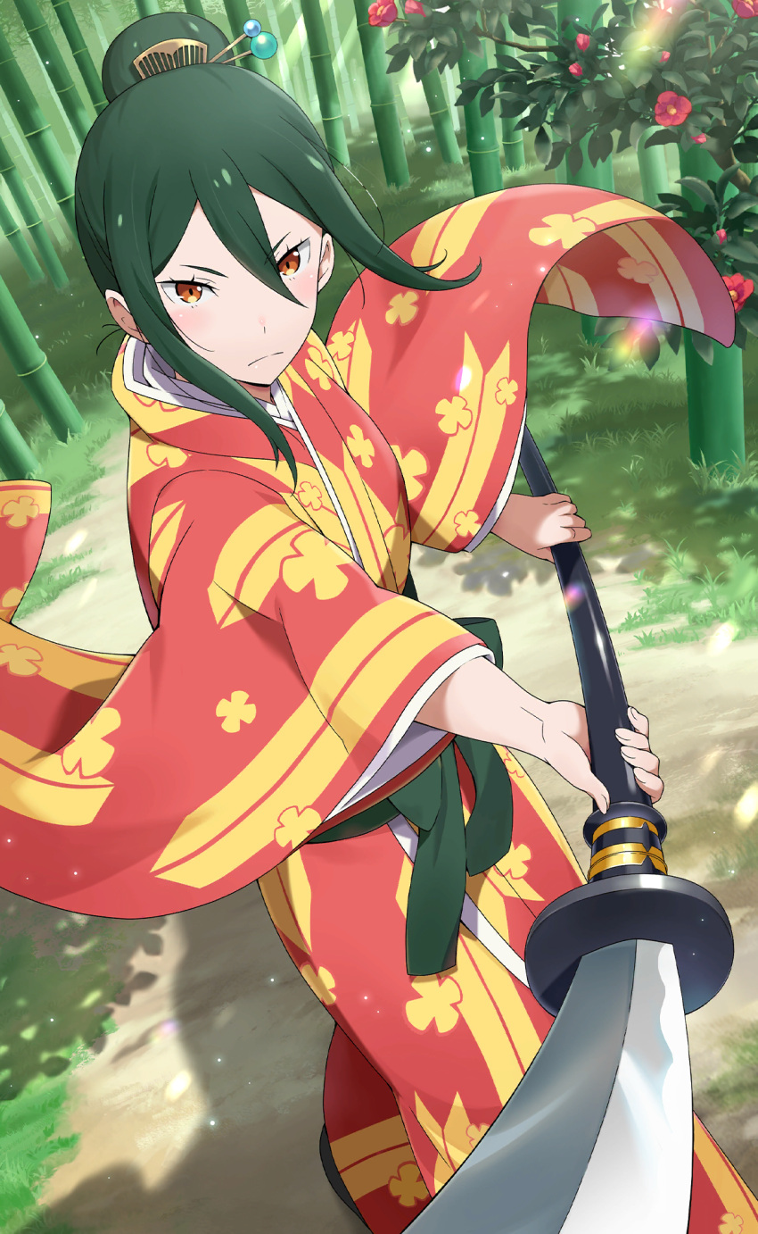 1girl, alternate_costume, bamboo, bamboo_forest, camellia, crusch_karsten, floral_print, flower