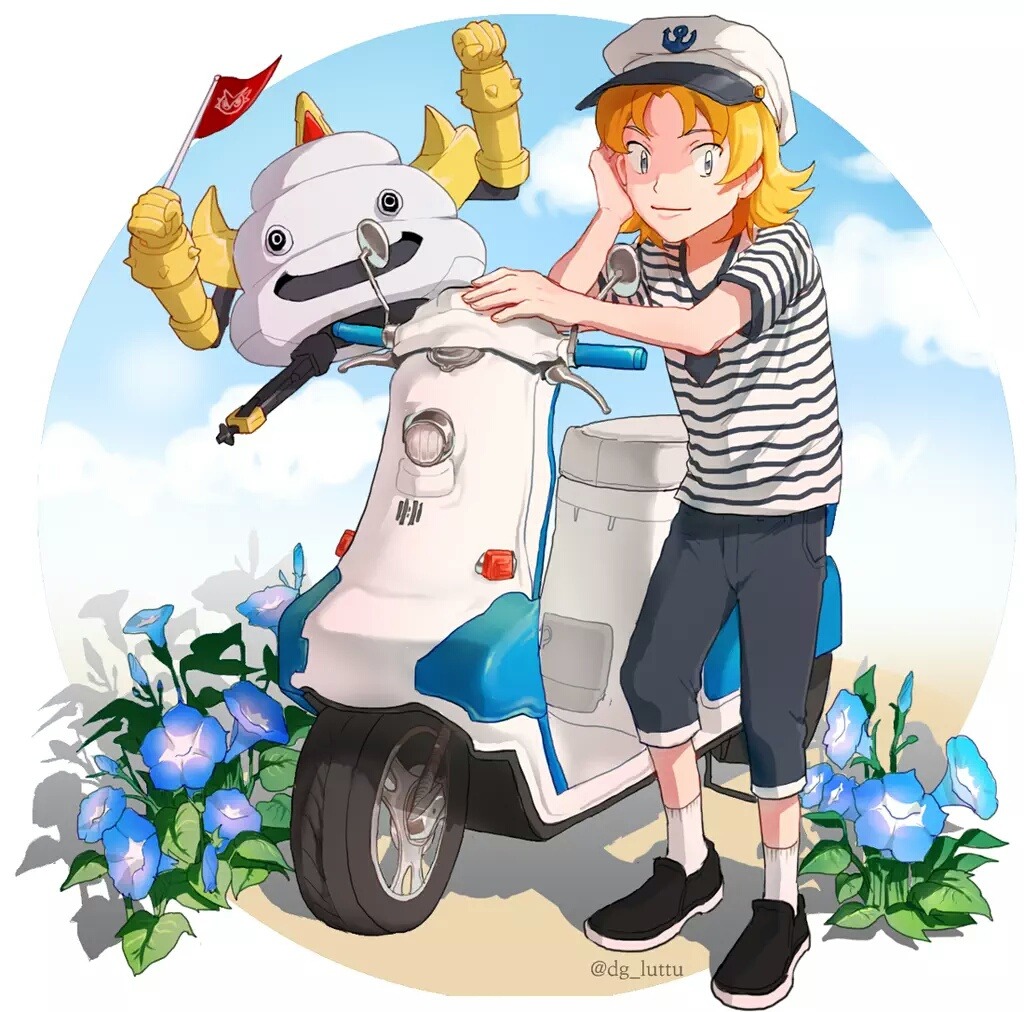 1boy, amano_yuu_(digimon_xros_wars), artist_name, black_footwear, black_pants, black_shirt, blue_flower, damemon