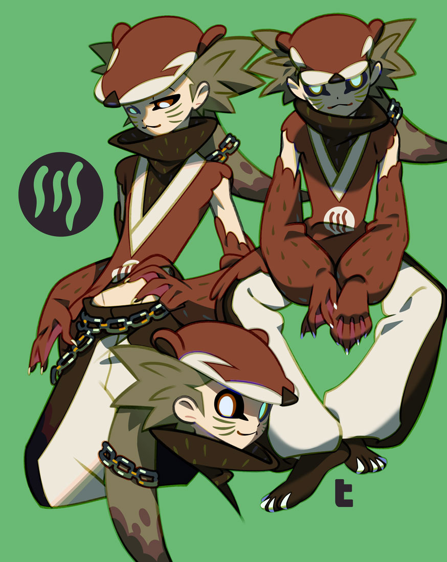 1boy, animal_hat, black_sclera, brown_hair, colored_sclera, facial_mark, gloves, green_background