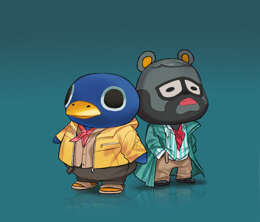 2boys, alternate_costume, animal_crossing, ascot, barold_(animal_crossing), bear_boy, beard, black_footwear