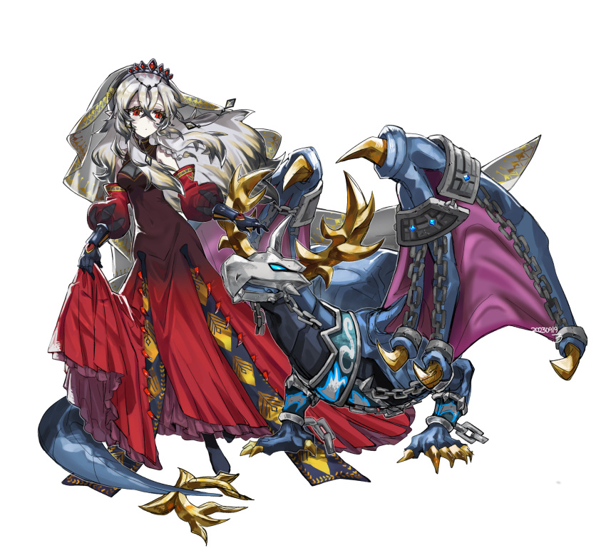1girl, bare_shoulders, blazing_cartesia_the_virtuous, breasts, bystial_druiswurm, cleavage_cutout, clothing_cutout, colored_skin, detached_sleeves, dragon, dress, duel_monster, ecclesia_(yu-gi-oh!), gauntlets, grey_hair, hair_between_eyes, highres, kaichou_(homehome_h), long_hair, pointy_ears, red_dress, red_eyes, solo, tiara, turtleneck, turtleneck_dress, veil, white_hair, white_skin, yu-gi-oh!