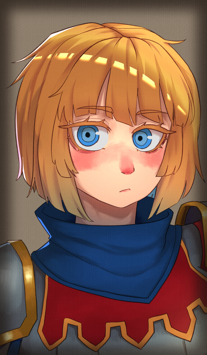 1girl, absurdres, armor, blonde_hair, blue_eyes, blurry, blurry_background, blush