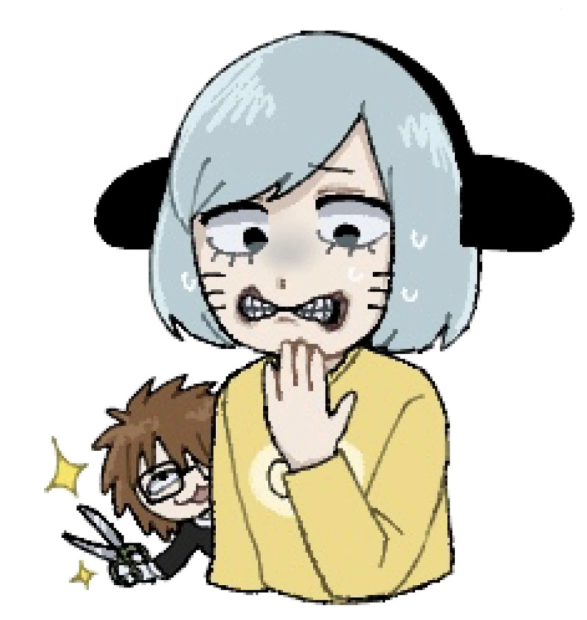 1boy, blue_hair, brown_hair, clenched_teeth, commentary_request, facial_mark, green_eyes, highres