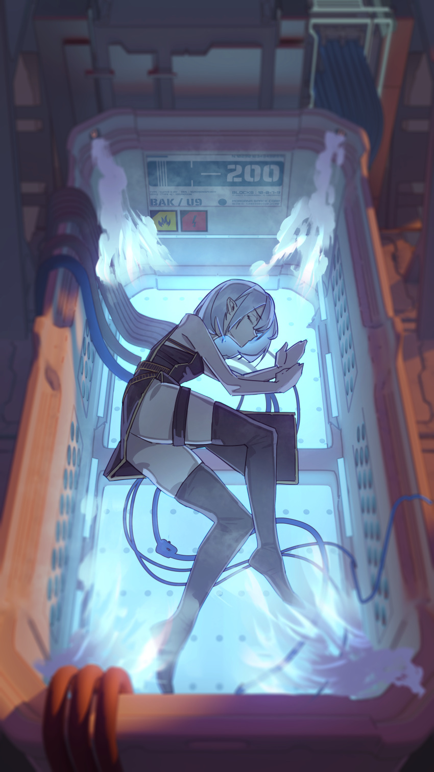 1girl, absurdres, bare_shoulders, black_dress, black_thighhighs, blurry, blurry_background, cable