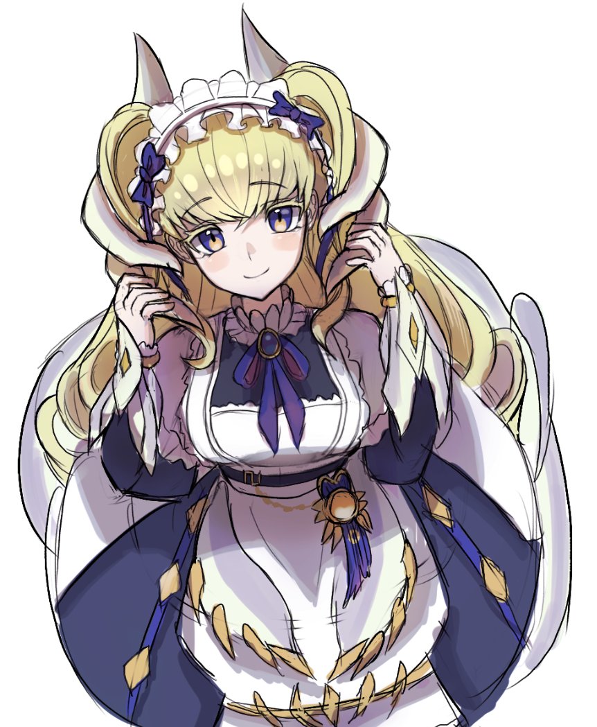 1girl, apron, blonde_hair, blush, bow, breasts, dragon_girl, dragon_horns