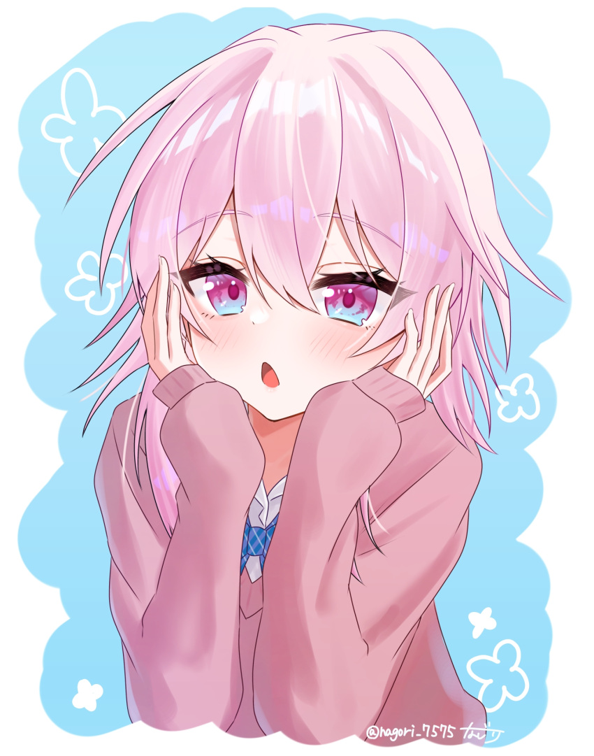 1girl, alternate_costume, blue_bow, blue_eyes, blush, bow, cardigan, commentary_request