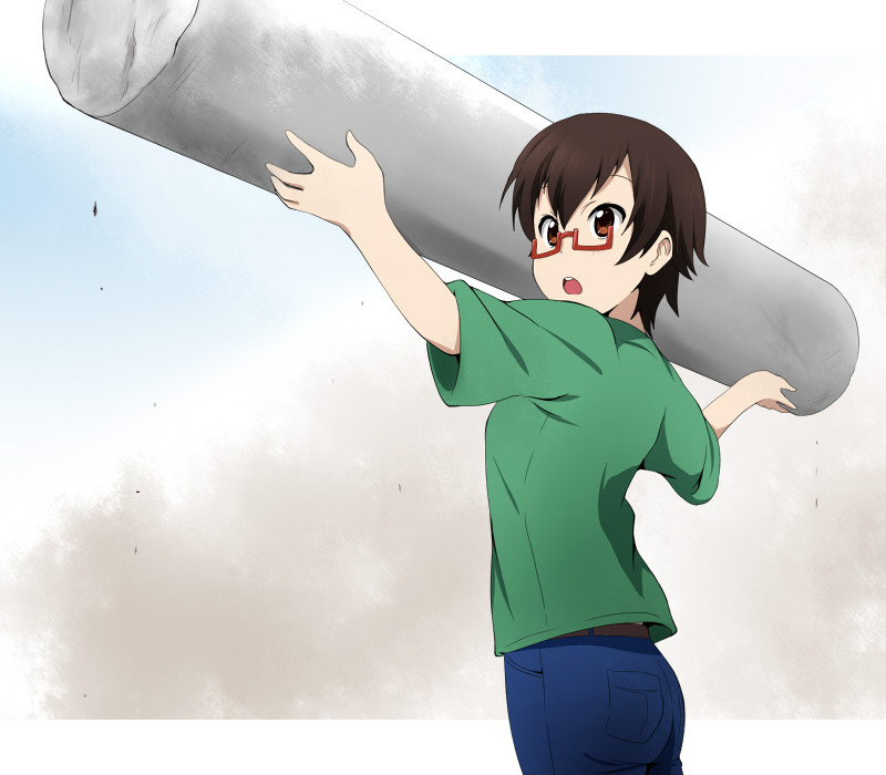 brown_hair, casual, dragon_ball, glasses, half_rim_glasses, ikari_manatsu, jeans, k-on!
