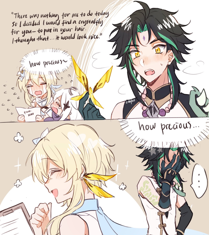 1boy, 2girls, black_gloves, black_hair, blonde_hair, blush, closed_eyes, commentary