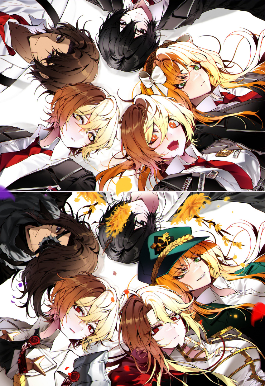2girls, 3boys, absurdres, ahoge, black_eyes, black_hair, blonde_hair, brown_hair
