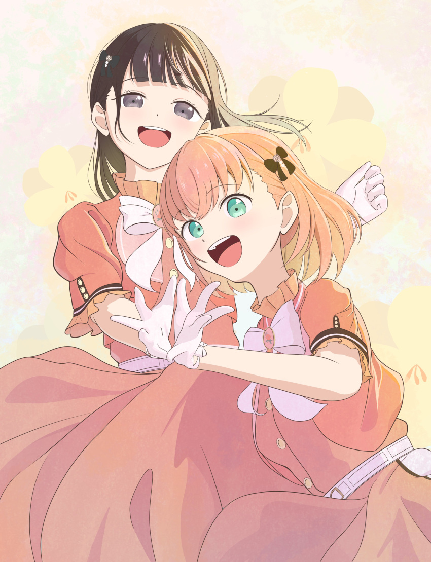 2girls, :d, absurdres, animification, aqua_eyes, black_bow, black_hair, bloom_the_smile_bloom_the_dream!, blunt_bangs, bow, bowtie, commentary, cropped_jacket, crossed_bangs, dress, floral_background, flower_hands, gloves, hair_bow, highres, hinoshita_kaho, jacket, link!_like!_love_live!, looking_at_viewer, love_live!, medium_dress, medium_hair, morio_(mmorio_mu), multiple_girls, nirei_nozomi, official_alternate_costume, open_clothes, open_jacket, orange_dress, orange_hair, orange_jacket, real_life, short-sleeved_jacket, short_sleeves, smile, teeth, two_side_up, upper_teeth_only, virtual_youtuber, voice_actor, voice_actor_connection, white_bow, white_bowtie, white_gloves, yellow_background