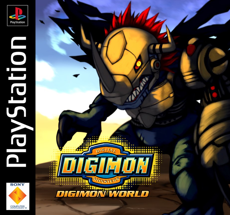 blue_scales, copyright_name, cyborg, derivative_work, digimon, digimon_world, dinosaur, horns, hudie_jun, mechanical_arms, metalgreymon_(virus), red_hair, single_mechanical_arm, solo, torn_wings, video_game_cover_redraw, wings