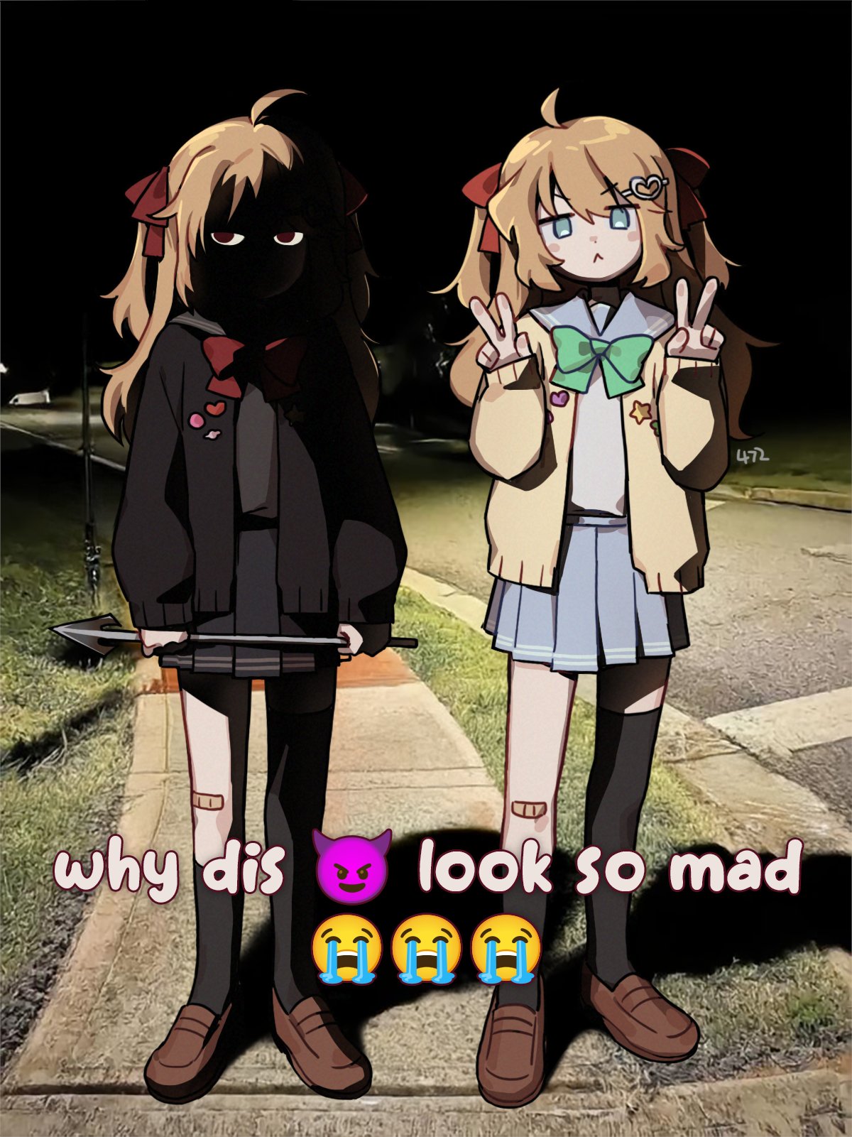 2girls, 472pis, :<, ahoge, asymmetrical_legwear, bandaid, bandaid_on_knee, bandaid_on_leg
