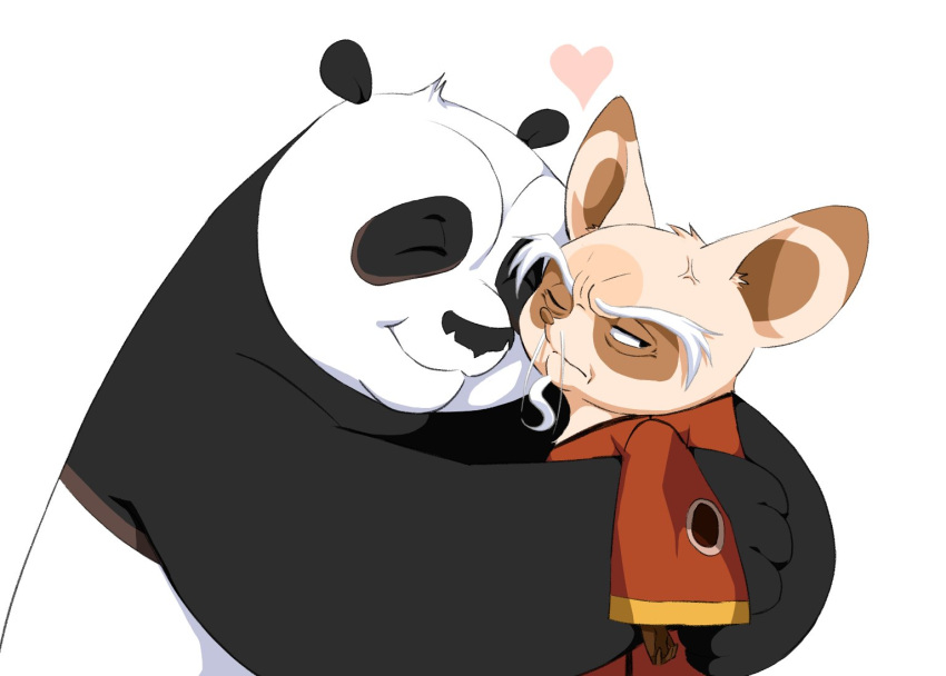 2boys, anger_vein, animal_ears, beard, black_fur, facial_hair, facing_another, furry, furry_male, heart, hug, hypnokoo, kung_fu_panda, looking_back, looking_to_the_side, male_focus, master_shifu, multicolored_fur, multiple_boys, one_eye_closed, orange_fur, panda_boy, panda_ears, po_(kung_fu_panda), red_panda_boy, red_panda_ears, white_background, white_fur