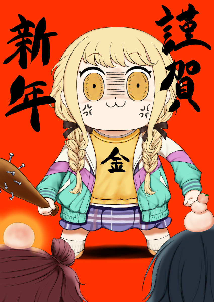 3girls, :3, anger_vein, baseball_bat, bkub_(style), blonde_hair, blue_skirt, clenched_hand
