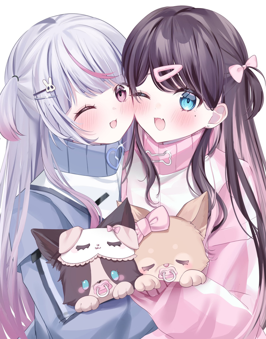2girls, black_hair, blue_eyes, bow, colored_inner_hair, grey_hair, hair_bow, hair_ornament