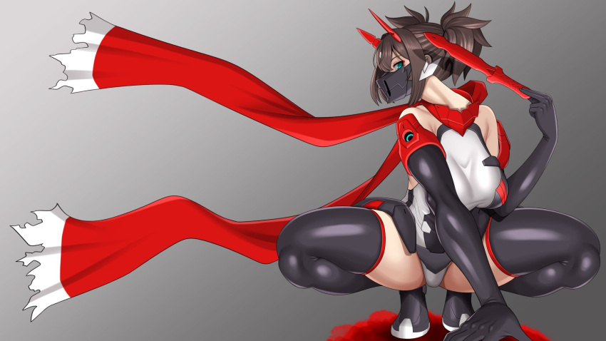 1girl, aqua_eyes, armor, asura_ninja, bare_shoulders, black_gloves, black_thighhighs, breasts