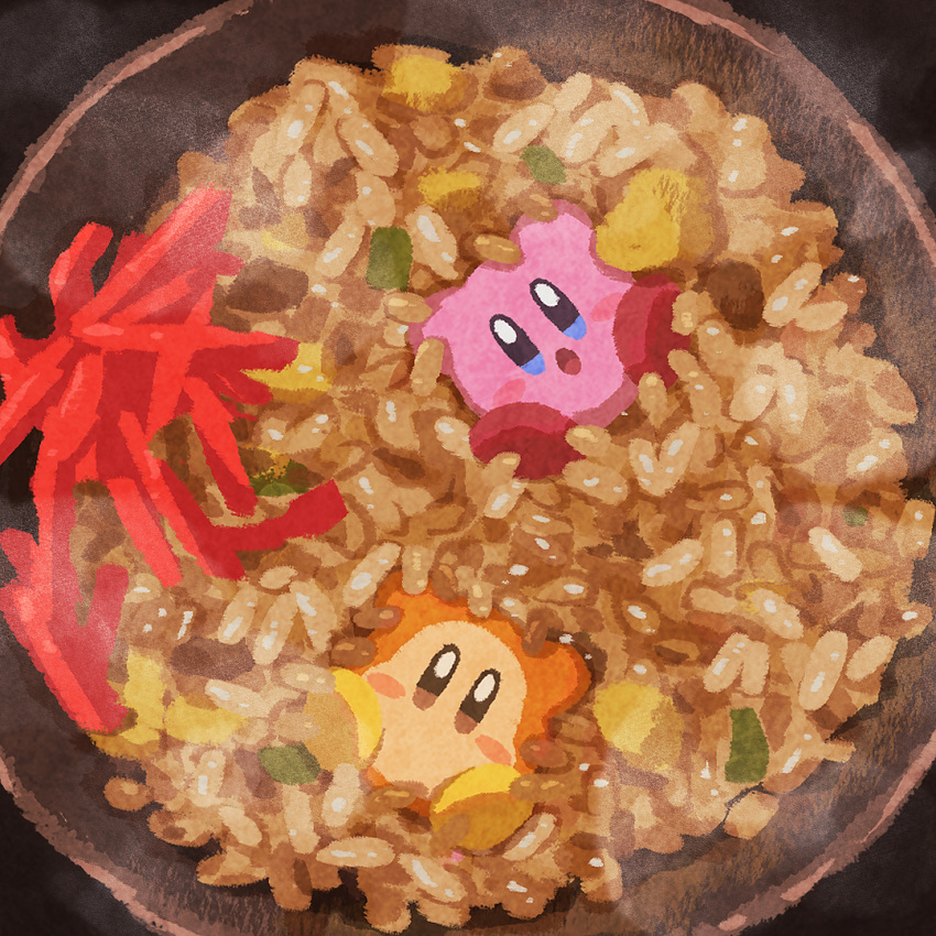 :o, benishouga, blue_eyes, blush_stickers, brown_eyes, colored_skin, commentary_request, food