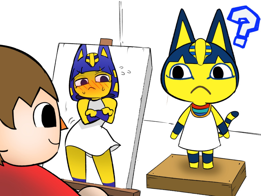 1boy, 1girl, ?, animal_crossing, animal_ears, ankha_(animal_crossing), bare_shoulders, blue_hair, blush, brown_hair, cat_ears, cat_girl, cat_tail, colored_skin, frown, furry, furry_female, highres, nakineiriko_(dafdafson), shirt, short_hair, standing, tail, villager_(animal_crossing), white_shirt, yellow_skin