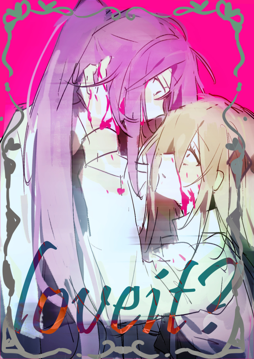16personalities, blood, green_hair, hands_up, highres, jacket, logician_(16personalities), long_hair, long_sleeves, loveit?_(biz), mediator_(16personalities), mouyimouyi, open_mouth, pink_background, pink_blood, ponytail, purple_hair, shirt, sidelocks, simple_background, very_long_hair, white_jacket, white_shirt, wide-eyed