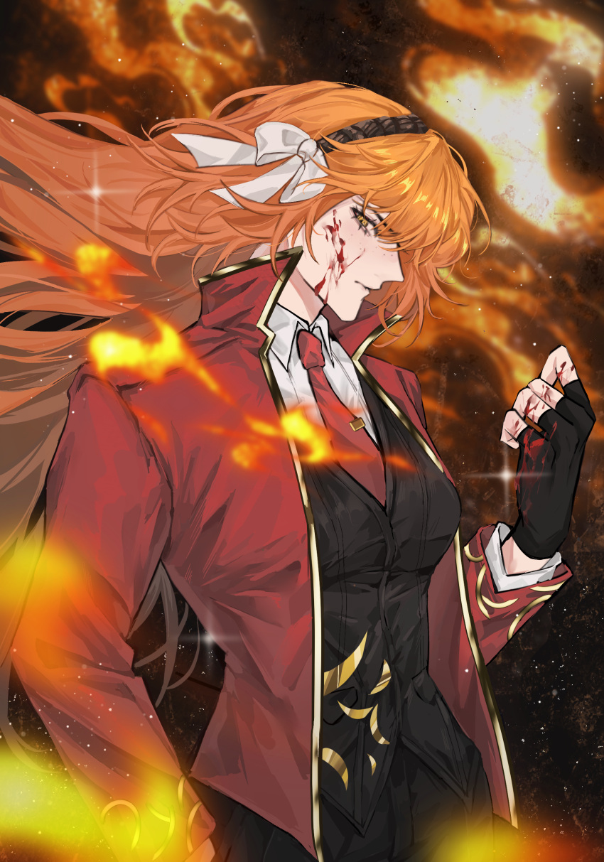 1girl, absurdres, black_gloves, black_vest, blood, blood_on_face, bow, breasts