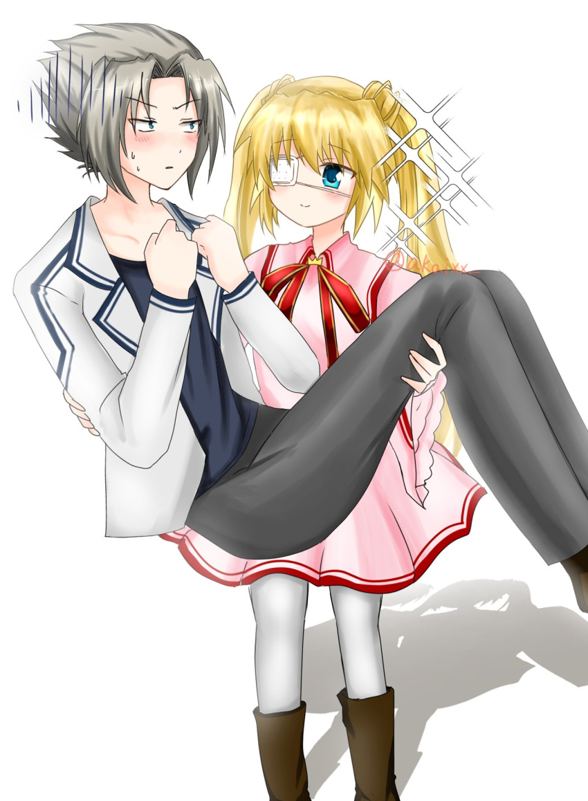 1boy, 1girl, akaixx, black_shirt, blonde_hair, blue_eyes, blush, boots