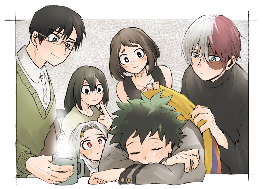 3boys, 3girls, asui_tsuyu, black_eyes, black_hair, black_shirt, blue_eyes, blush