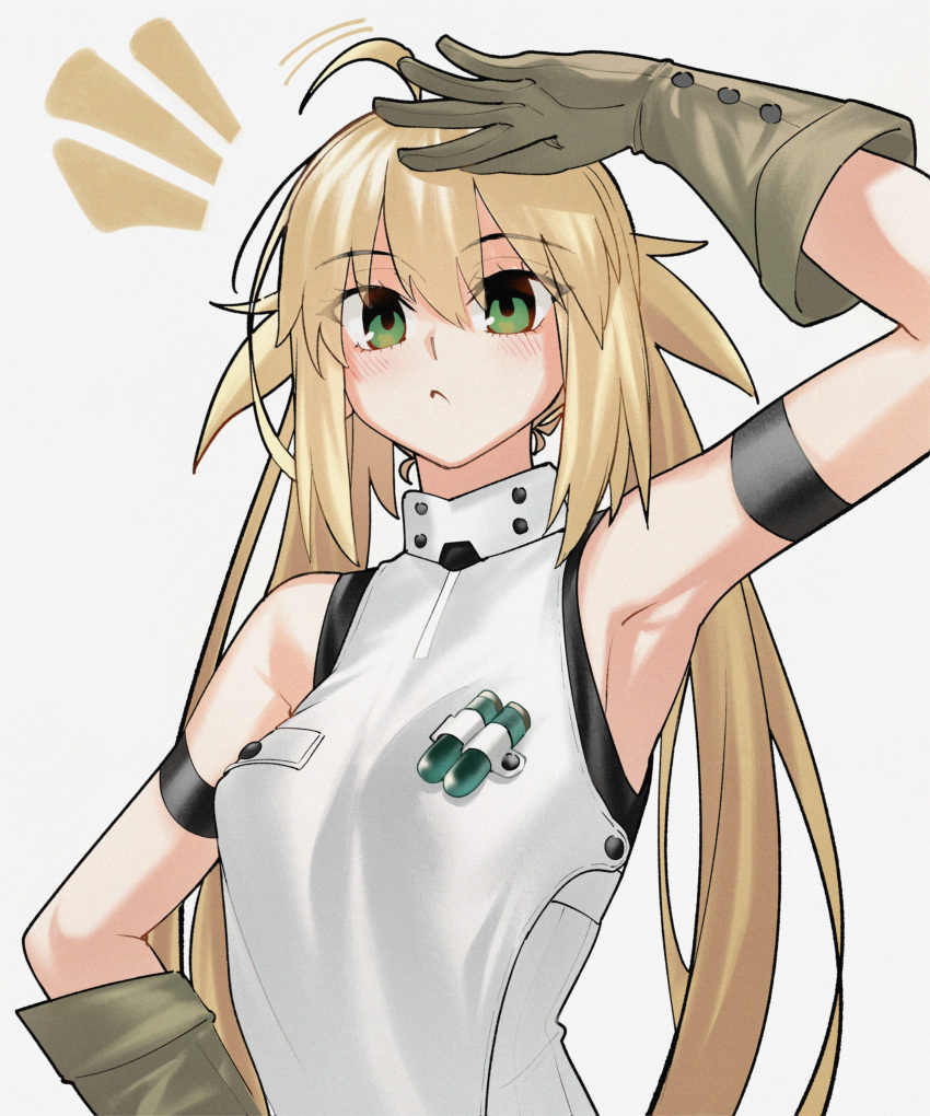 1girl, absurdres, ahoge, artoria_caster_(fate), artoria_caster_(first_ascension)_(fate), artoria_pendragon_(fate), blonde_hair, brown_gloves, fate/grand_order, fate_(series), gloves, green_eyes, hand_on_own_hip, highres, kamisato_sora, long_hair, sleeveless, twintails