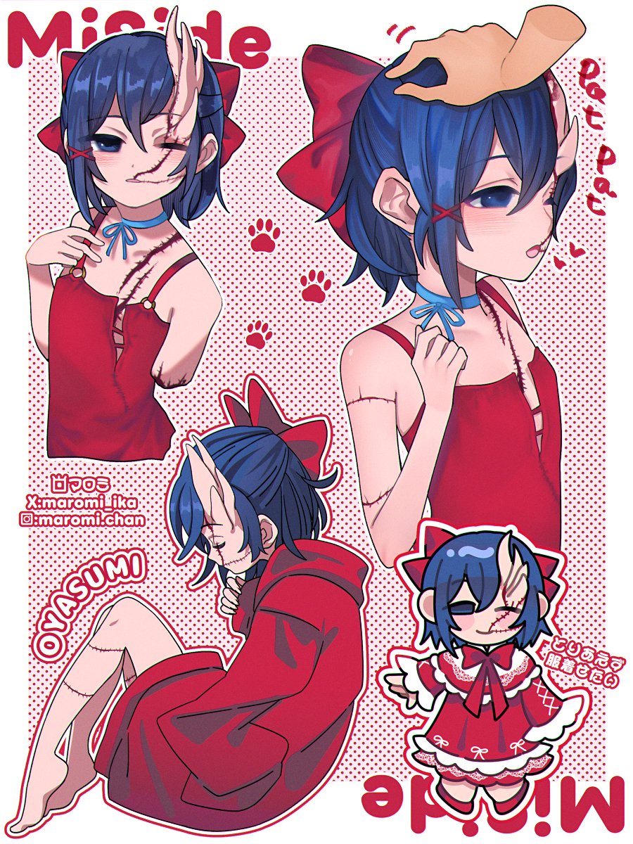 1girl, 1other, amputee, artist_name, blue_eyes, blue_hair, blue_ribbon, blush_stickers